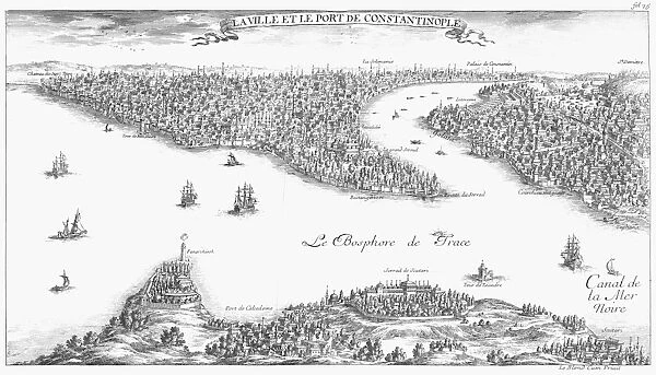 TURKEY: ISTANBUL, 1680. Panoramic view of Istanbul with the Strait of Bosphorus in the foreground and the Golden Horn dividing the city. Line engraving from Relation nouvelle d un voyage a Constantinople by Guillaume Jospeh Grelot, Paris, 1680