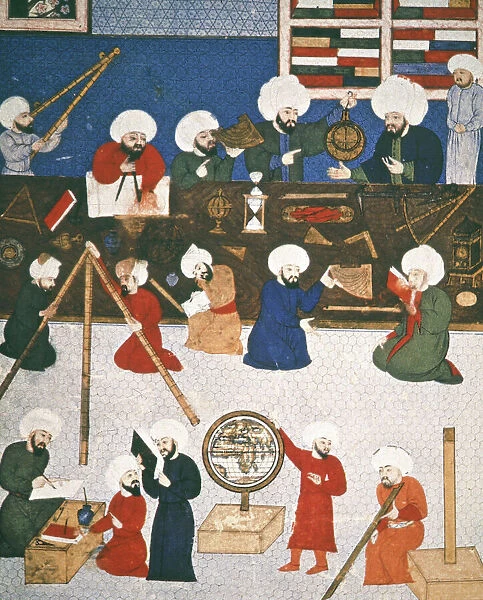 TURKISH ASTRONOMERS. Astronomers in the Istanbul observatory. Ottoman manuscript illumination, late 16th century