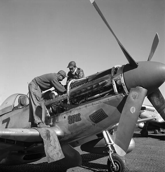 TUSKEGEE AIRMEN, 1945. Tuskegee Airmen mechanics Marcellus Smith (left) and Roscoe Brown, working on a fighter plane at Ramitelli Airfield, Italy. Photograph by Toni Frissell, March 1945