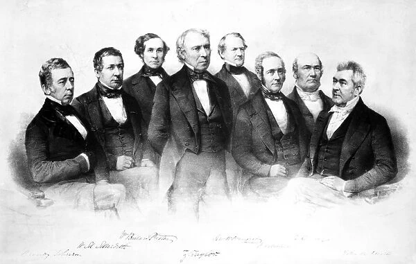 Twelfth President of the United States. With his cabinet. Left to right: Reverdy Johnson, William M. Meredith, William B. Preston, Zachary Taylor, George W. Crawford, Jacob Collamer, Thomas Ewing and John M. Clayton. Lithograph, 1849