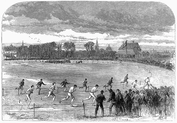 The two-mile foot race at Qxford during the Oxford and Cambridge athletic sports events. Wood engraving, English, 1866
