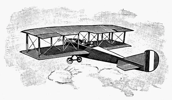 Two-seater early airplane. Line engraving, French, c1915