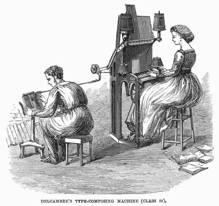Framed Print : TYPE-COMPOSING MACHINE. Delcambres type-composing machine. Line engraving, 1867