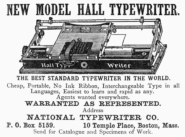 TYPEWRITER AD, 1890. American magazine advertisement, 1890, for the Hall typewriter