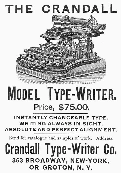 TYPEWRITER AD, 1890. American magazine advertismenet, 1890, for the Crandall typewriter