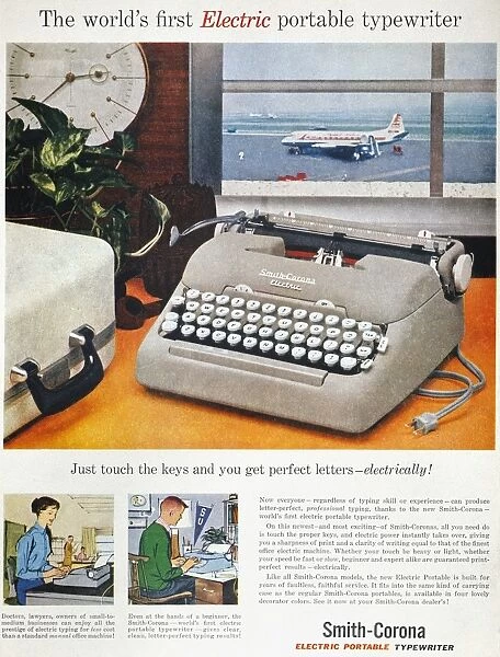 TYPEWRITER AD, 1957. Smith-Corona typewriter advertisement from an American magazine