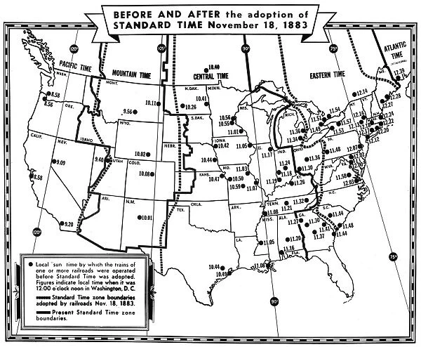 U. S. A. TIME ZONES MAP, 1883. An 1883 map of the United States showing the standard