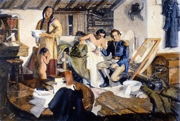 U. S. Army surgeon William Beaumont (1785-1853) performing his experiments on gastric juices on his patient Alexis St. Martin in the 1820s. After a painting