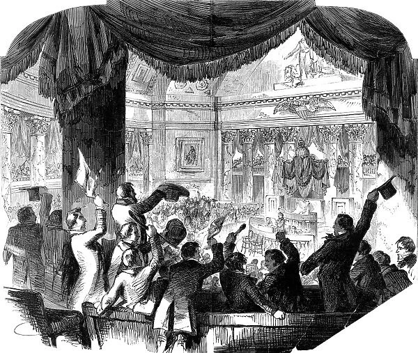 U. S. CONGRESS: HOUSE, 1856. Northerners in the House gallery cheer the election of Massachusetts Free Soiler Nathaniel P. Banks as Speaker after a nine-week, 133-ballot deadlock, 2 February 1856. Contemporary wood engraving