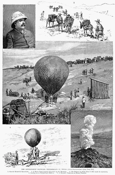 The U. S. governments rainmaking experiments near El Paso, Texas, in 1891. Contemporary line engraving