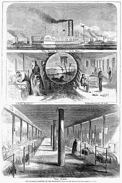 The U. S. Naval hospital ship Red Rover on the Mississippi River. Wood engraving from a Northern Amercian newspaper of 1863