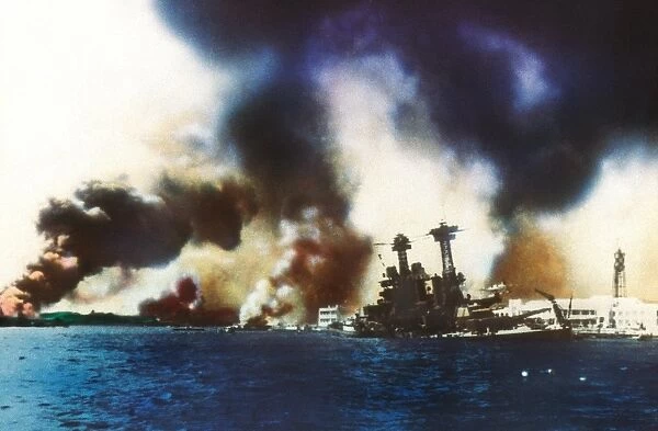 The U. S. S. Arizona in burning clouds of smoke as it sinks, Dec. 7, 1941