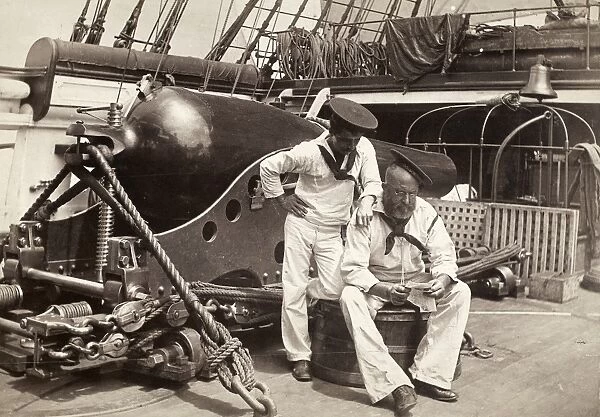 U. S. S. MOHICAN, 1885. Sailors reading mail aboard the sloop-of-war U. S. S. Mohican