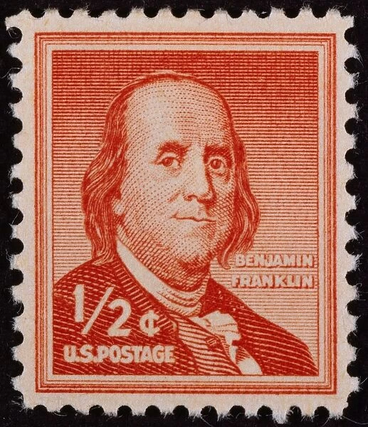 U. S. STAMP: FRANKLIN. American printer, publisher, scientist, inventor, statesman and diplomat. Franklin on a half-penny U. S. postage stamp of 1954