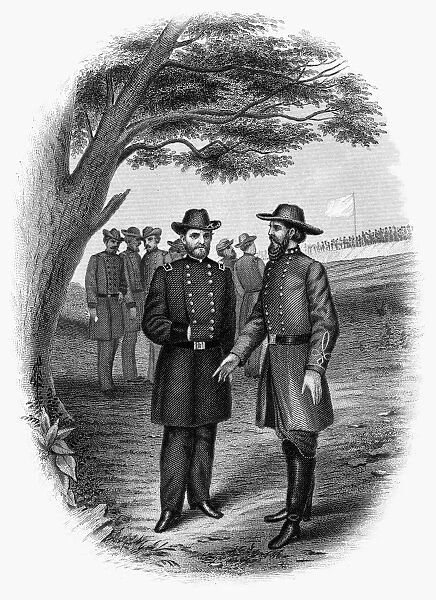 ULYSSES S. GRANT (1822-1885). 18th President of the United States. The surrender of Confederate Lieutenant General John Clifford Pemberton to Major General Grant at Vicksburg, Mississippi, 4 July 1863. Steel engraving, American, 19th century