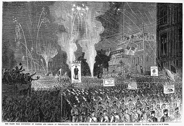 Ulysses S. Grant election rally at Philadelphia, Pennsylvania, 2 October 1868. Line engraving from a contemporary American newspaper