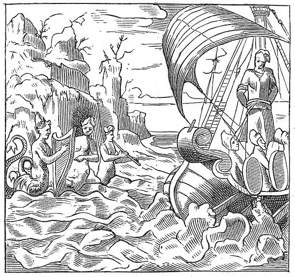 ULYSSES AND THE SIRENS. Ulysses, tied to the mast of his ship, hears the music of the Sirens who lure sailors to their destruction. Line engraving, 16th century