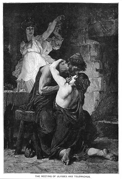 ULYSSES AND TELEMACHUS. Wood engraving by Charles Baude, 19th century