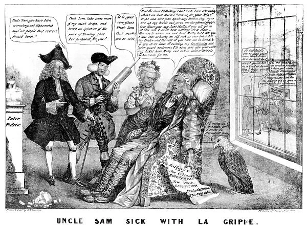 Uncle Sam Sick with La Grippe : American lithograph cartoon, 1837, depicting Democratic leaders Andrew Jackson, Thomas Hart Benton, and Martin Van Buren as quacks attending an ailing Uncle Sam; through the window, Brother Jonathan is seen happily receiving a new doctor, Nicholas Biddle, president of the Bank of the United States