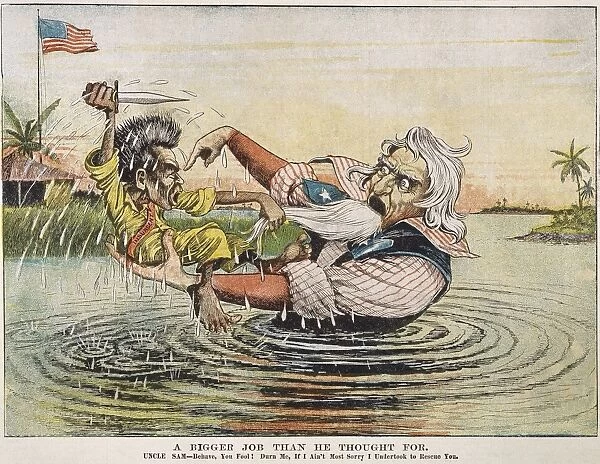 Uncle Sam sinks into the quagmire of Philippine insurgency, personified by Emilio Aguinaldo, who resists being rescued. Cartoon from an American newspaper of April 1899