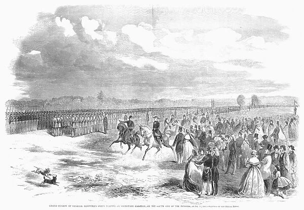 UNION ARMY REVIEW, 1861. Secretary of the Army Simon Cameron reviews Brigadier General Irwin McDonnells division on the south side of the Potomac at Washington D. C. 17 June 1861, about a month before the Battle of Bull Run. Wood engraving from a contemporary American newspaper