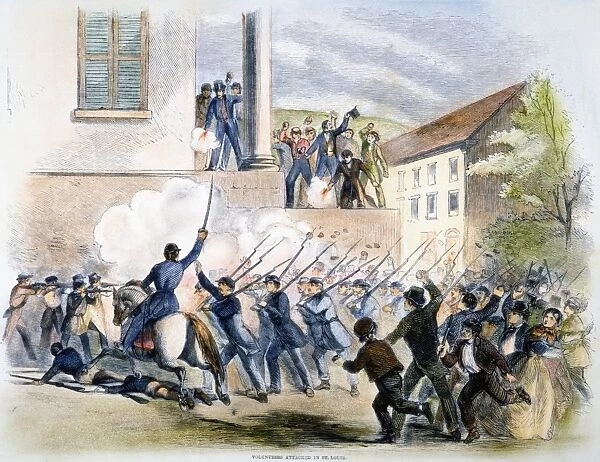 UNION ARMY VOLUNTEERS being attacked in St. Louis, Missouri, May 1861: wood engraving from a contemporary American newspaper