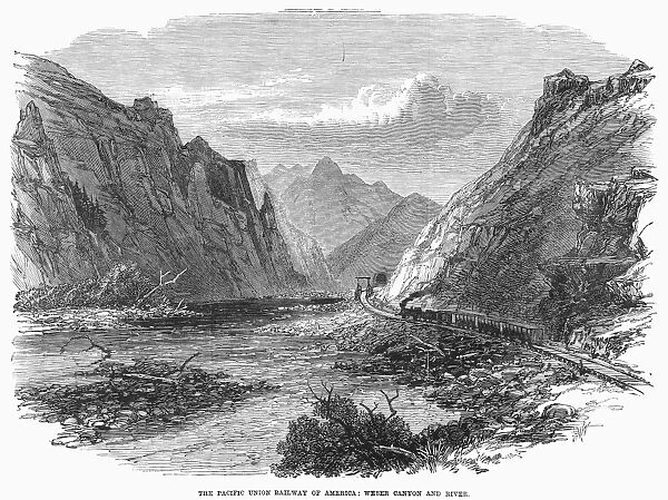 UNION PACIFIC, 1869. A Union Pacific Railroad train approaching a tunnel in Weber Canyon, Utah. Wood engraving, English, 1869