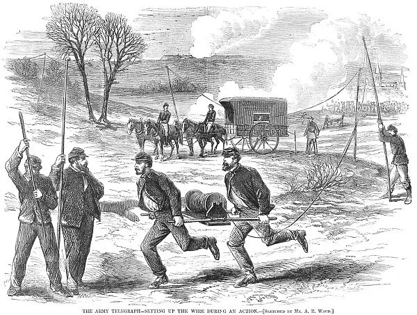 THE UNION TELEGRAPH, 1863. Union Army telegraphers setting up the wire as a battle rages in the background. Wood engraving, American, 1863