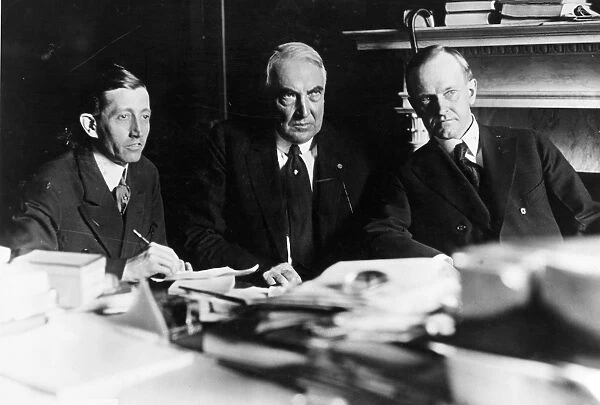 United States Postmaster General Will H. Hays, President Warren G. Harding and Vice President Calvin Coolidge. Photograph, c1921