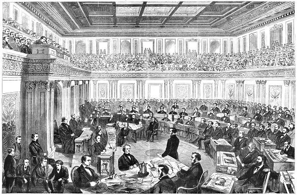 The United States Senate as a court of impeachment for the trial of President Andrew Johnson in 1868. Contemporary American wood engraving