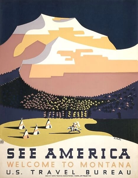 United States Travel Bureau poster promoting tourism in Montana. Poster by Richard Halls, c1937