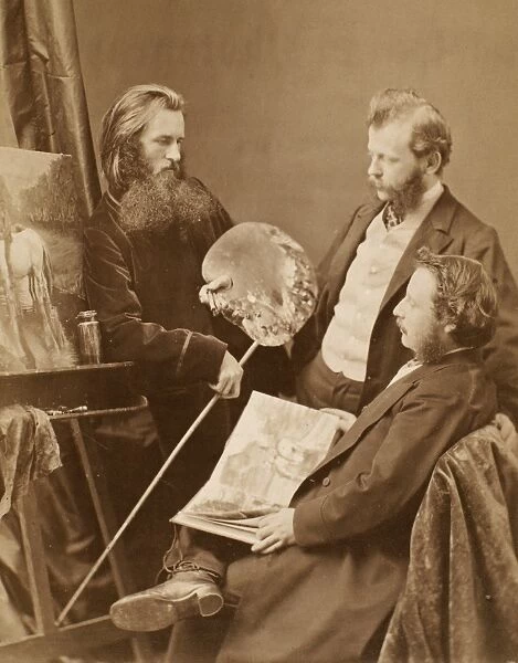 UNKNOWN ARTISTS. Three artists discussing a sketch. Studio photograph, 19th century
