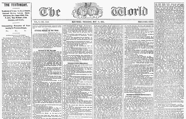 Upper half of the front page of the New York newspaper, The World, 18 May 1865, with report of the Abraham Lincoln Assasination Conspiracy Trial, which had begun on 12 May