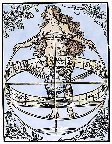 URANIA, 1502. Urania, the muse of astronomy, holding an armillary sphere with the zodiac
