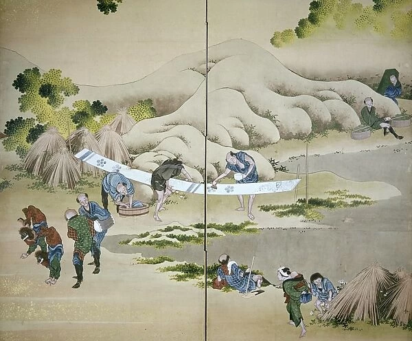 Using indigo, rural workers put designs on a piece of cloth. Screen painting, late 18th century, by Katsushika Hokusai