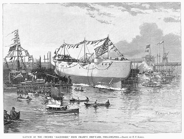 USS BALTIMORE, 1888. The launching of the American cruiser USS Baltimore at Philadelphia, 1888. Wood engraving from a contemporary American newspaper