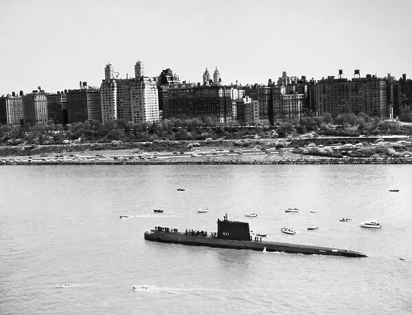 The USS Nautilus, SSN-571, the worlds first nuclear submarine, photographed in New York Harbor, 1956