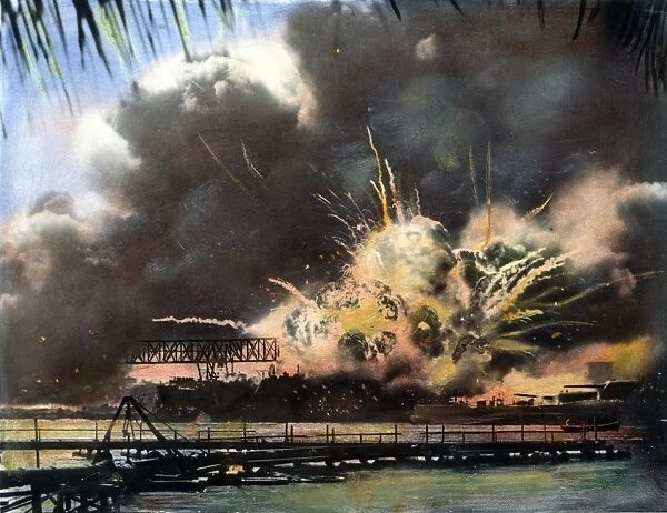 The USS Shaw exploding during the Japanese attack on the U. S. naval base at Pearl Harbor, Hawaii, 7 December 1941