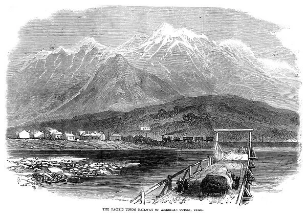 UTAH: SCENIC VIEW, 1869. View of Ogden, Utah, including a train on the Union Pacific Railroad in the background. Wood engraving, American, 1869