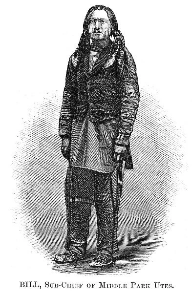 UTE CHIEF, 1879. Bill, successor to Coloral as sub-chief of the Middle Park Utes. Wood engraving, American, 1879