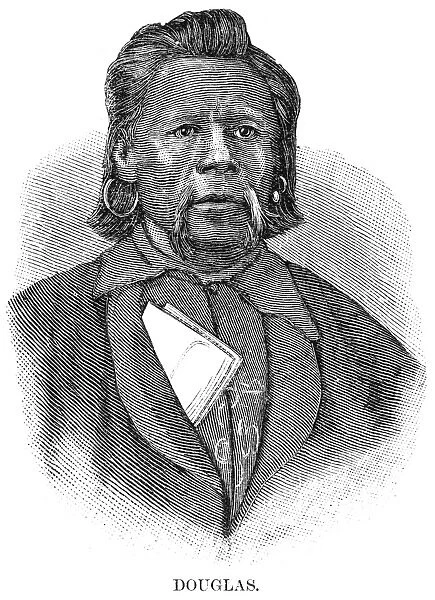 UTE CHIEF, 1879. Douglas, or Quin-co-ruck-unt, leading chief of the White River Utes. Wood engraving, American, 1879