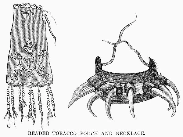 UTE TOBACCO POUCH, 1879. Beaded tobacco pouch and necklace of the Ute Native Americans. Wood engraving, American, 1879