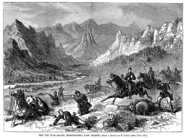 UTE WAR, 1879. U. S. infantry and cavalry under the command of Major Thomas Tipton Thornburgh engaged in battle with Ute Native Americans in the Utah Territory, 1879. Contemporary American wood engraving