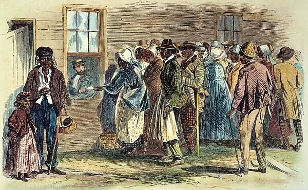 VA: FREEDMENs BUREAU 1866. Issuing rations to the old and sick at the Freedmens Bureau at Richmond, Virginia: colored engraving, 1866