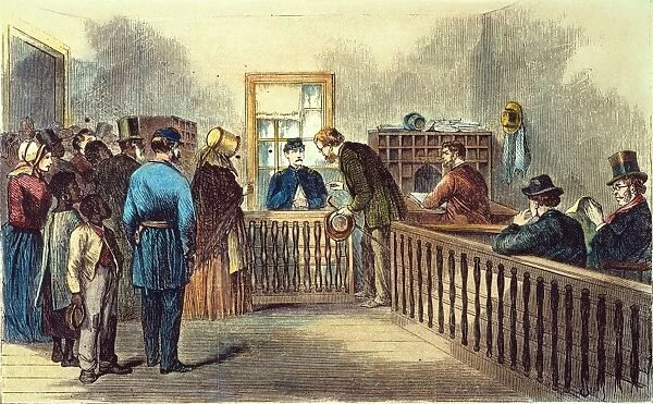 VA: FREEDMENs BUREAU 1866. Office of the Freedmens Bureau at Richmond, Virginia: colored engraving, 1866