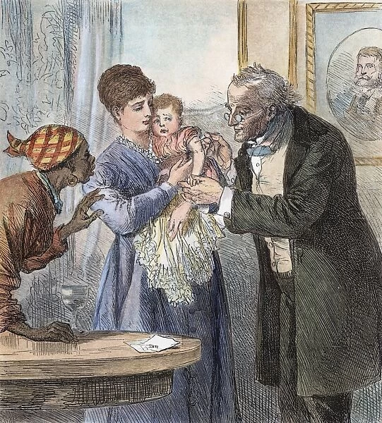 Vaccinating the baby. Wood engraving, 1870