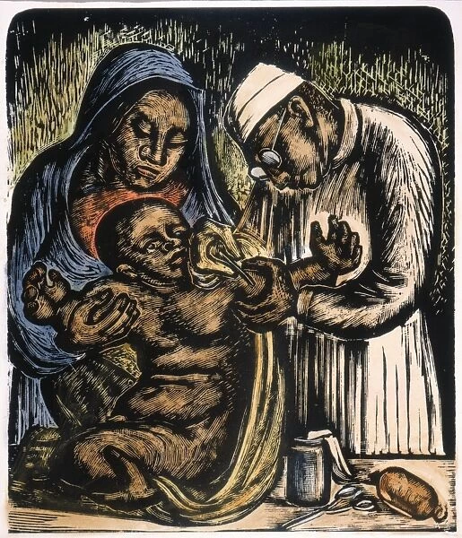 VACCINATION, 1935. Wood engraving, 1935, by the Mexican artist Leopoldo Mendez