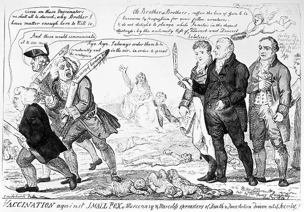 Vaccination Against Small Pox. Quacks whose methods of innoculation are responsible for spreading smallpox depart in the face of the vaccine promoted by physician Edward Jenner (right, in dark suit). Satirical etching, 1808, by Isaac Cruikshank