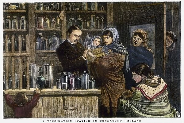 A vaccination station in Connaught, Ireland. Wood engraving, English, 1880