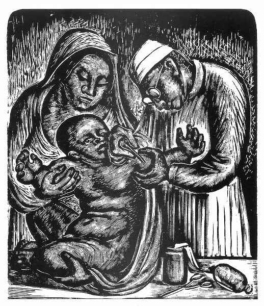 VACCINATION. Wood engraving, 1935, by the Mexican artist, Leopoldo Mendez